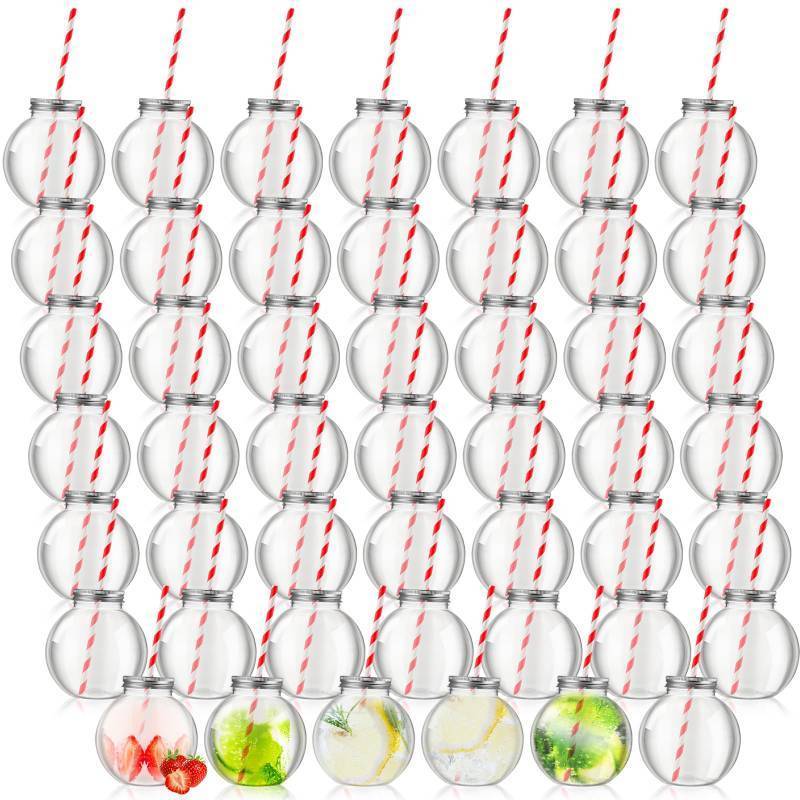 lot 62682 image: Yaomiao 22 Pcs 10 oz Mini Plastic Fish Bowl Ornament Cups for Drinks Clear Spherical Potion Bottles with Lids and Straws Bulb Cups for Christmas Carnival Candy Party Decorations (Red)