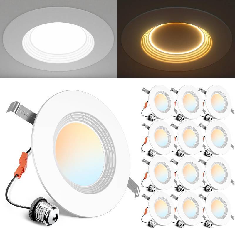 lot 1144 image: Ensenior 56 Inch 5CCT LED Can Lights with Night Light 12 Pack, Retrofit Led Recessed Lighting, Baffle Trim, Dimmable, 12W110W, 1000LM, IC Rated - FCC - Retail $66
