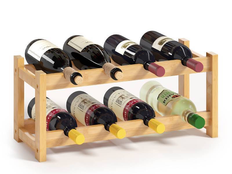 lot 11108 image: BAMEOS Wine Rack Freestanding 8 Bottle 2 Tier Bamboo Wine Racks Countertop Cabinet Wine Holder Wine Storage Shelf for Kitchen, Bar, Pantry, Wine Cellar, Basement, Countertop (16.85 L x 9.25W x 7H)