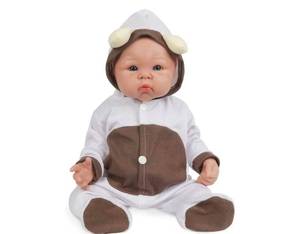 lot 7546 image: Real  Baby Baby Doll with Brown and White Outfit and Hat