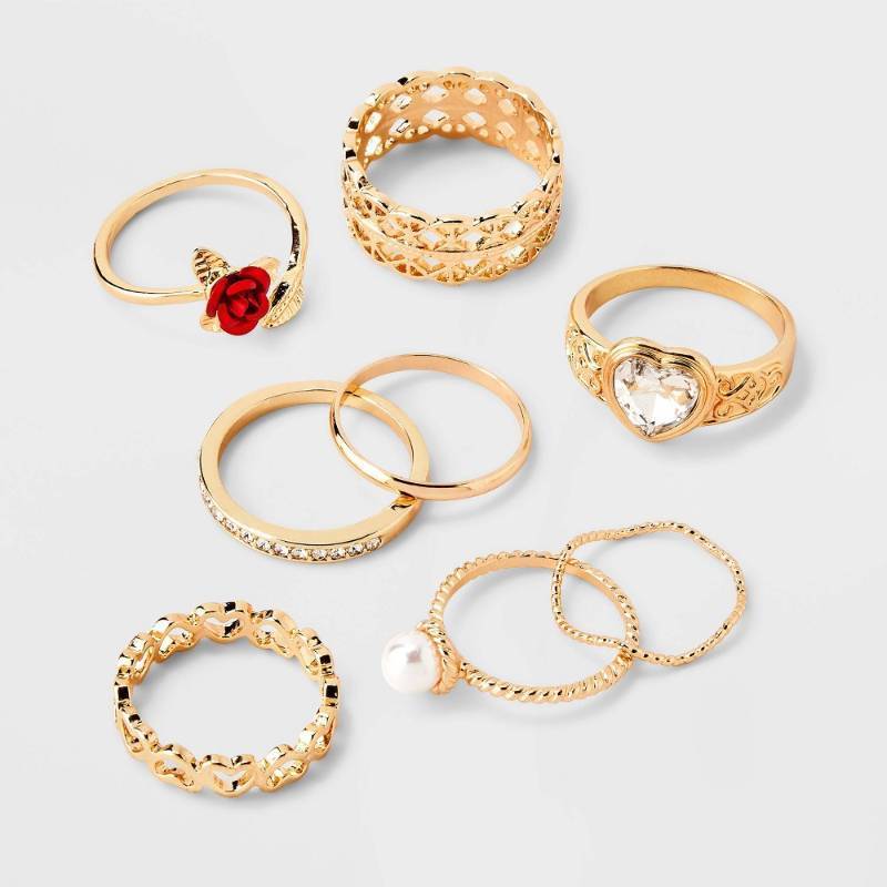 lot 128 image: Pearl Heart and Rose Multi Ring Set 8pc - Wild Fable Gold Zinc Band, Stacking, Statement Jewelry - Retail $10