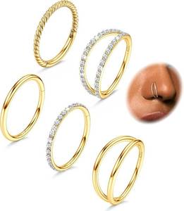 lot 1627 image: CASSIECA 5Pcs 18G16G Surgical Steel Nose Rings Hoop CZ Clicker 8mm10mm