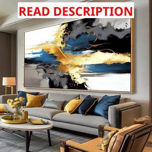 lot 1671 image: $90 Abstract Wall Art Canvas Print Black Yellow Blue 20x40 Framed
