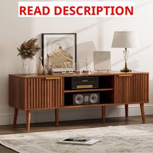 lot 1673 image: $140 LCRBOL Fluted-Door TV Stand, Walnut, for 65 TVs, 54.3W x 15.3D x 19.6