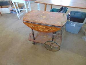 lot 4970 image: Ornate Wooden Tea Cart - 1 Wheel needs attention