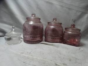 lot 27915 image: 3 Pink The Pioneer Woman, One clear Glass Jars for Decoration and Storage