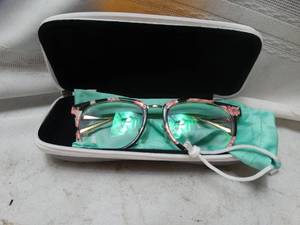 lot 26253 image: Womens floral glasses frames with lens, soft travel case, and hardshell travel case
