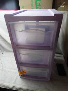 lot 26228 image: Purple 3 drawer storage organizer with wheels for easy movement