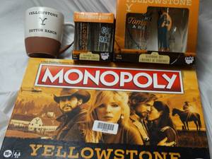 lot 27974 image: Yellow Stone collectors set shot glasses coffee cup beerbeverage glasses monopoly game