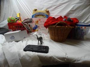 lot 27998 image: Lot of misc childrens items, pool toys, toys, 4t clothes night lights and art supplies