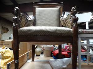 lot 27939 image: Large heavy wooden chair with high quality fabric, paired with small chair and small round cushion