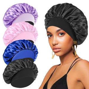 lot 7 image: 4PCS Silk Bonnet for Sleeping - Satin Bonnets for Black Women & Men, Elastic Wide Band Hair Wrap Cap for Curly Hair, Shower Cap (Black, Sapphire Blue, Pink, Purple) - Retail $9