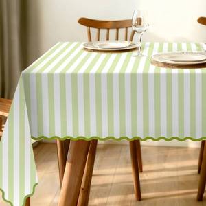 lot 9 image: Whaline Scalloped Edge Green Striped Tablecloth Waterproof Fabric Tablecloth Rectangle Table Cover for Home Kitchen Table Decoration, 55 x 70 Inch - Retail $27