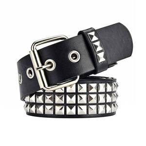 lot 17 image: FOCAST Black Studded Belt Punk Rock Rivet Belt Grommet Threads belts with Bright Metal Pyramid for Women Men (Black, Fit Pant 46-51 inch) - Retail $14