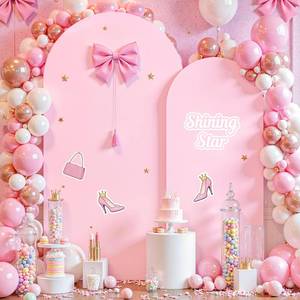 lot 23 image: Baby Pink Arch Backdrop Covers - 7.2FT, 6FT Spandex Fitted Wedding Arch Stand Covers Round Top Chiara Stretchy Arch Backdrop Cover for Wedding Birthday Party Decoration - Retail $36