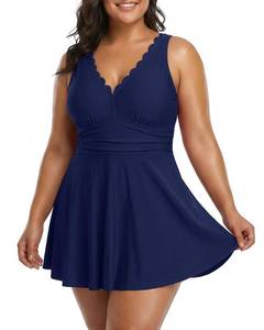 lot 27 image: Charmo Women Plus Size Swimdress Tummy Control One Piece Swimsuit Scalloped Bathing Suit with Built in Panty Navyblue 1X - Retail $37