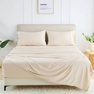 lot 38 image: GOKOTTA King Size Sheets Set 4 Piece, 100% FSC� Certified Rayon Derived from Bamboo, Luxury Breathable and Silky Soft Sheets, Deep Pocket 16 Fitted Sheet with Elastic Corner Straps, Light Beige - Retail $109