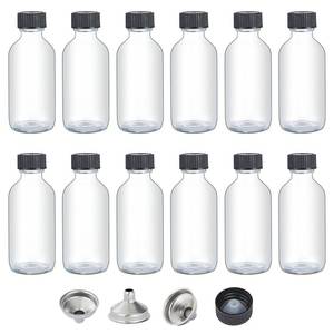 lot 52 image: 2 OZ Glass Bottles with Lids, 12Pcs Small Glass Containers with Lids and 3 Stainless Steel Funnels Clear Reusable Decorative Bottles for Juice Wellness Ginger Shots Whiskey Homemade Vanilla (2 OZ) - Retail $11