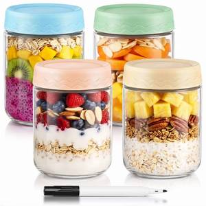 lot 62 image: DRKIO 16 Oz Overnight Oats Containers with Lids - 4 Pack Glass Storage Jars with Airtight Lids Wide Mouth Mason Food Jars Great for Meal Prep Salad Chia Pudding Snacks Yogurt Sugar Spice Cereal - Retail $12
