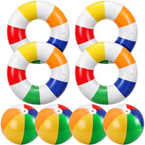 lot 74 image: Ceenna 8-Pack Inflatable Beach Balls and Swim Rings, 16 Inch Round Pool PVC Balls with Multicolor White Stripes for Summer Water, Beach Party Decorations - Retail $26