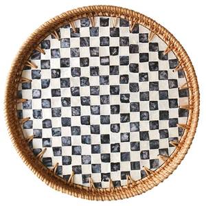 lot 83 image: Aayoruro Round Rattan Tray with Mother of Pearl Inlay, Wooden Base - Retail $22