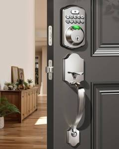 lot 85 image: Veise Fingerprint Door Lock Set, Keyless Entry Door Lock, Front Handle Set, Electronic Keypad Deadbolt with Lever Handle, 2 Keys, Auto-Locking, One-time Codes, Easy to Install, Satin Nickel - Retail $90