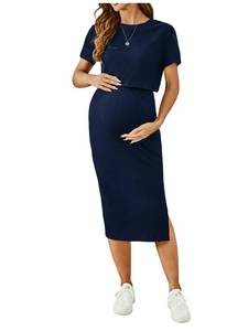 lot 125 image: Large Womens Maternity Ribbed 2 Piece Outfits Short Sleeve Crop Top Bodycon Slit Midi Skirt Set Dark Blue Large - Retail $35