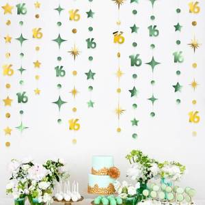 lot 141 image: Sage Green Gold Number 16 Circle Dot Twinkle Star Garland Streamer Bunting Banner Backdrop Decorations for Girls Happy 16th Birthday Sweet Sixteen 16th Anniversary Cheers to 16 Years Party Decor - Retail $13