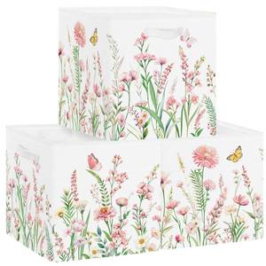 lot 175 image: Clastyle Pink Wild Flower Kid Storage Basket Set Spring Butterfly Plants Foldable Closet Clothes Organizer Nursery Toddler Toy Bin Women Girl Book Shelf Basket, 11.8x11.8x11.8 in - Retail $15