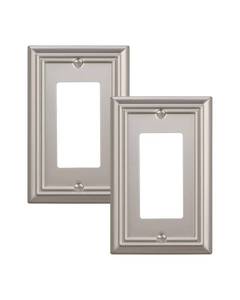 lot 188 image: DEWENWILS Decorator Outlet Covers, Brushed Nickel Metal Light Switch Cover Plates, 4.92 x 3.14 Decorative Outlet Wall Plates, Switch Plate Covers for Home Decor, 2 Pack - Retail $12