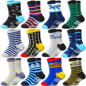 lot 210 image: Welwoos Baby Boys Grips Socks Kids Toddlers Infants Non Slip Anti Skid Funny Animal Cartoon Gift Cotton Socks with Grippers 12 Pairs Stocking Stuffers (DinosaurCarsShark,5-8 Y) - Retail $20
