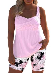 lot 218 image: Modlily Surplice Tankini Swimsuits for Women, Two Piece Feathers Print Bathing Suit, Modest Coverage Tank Top with Board Shorts Light Pink XXL - Retail $40