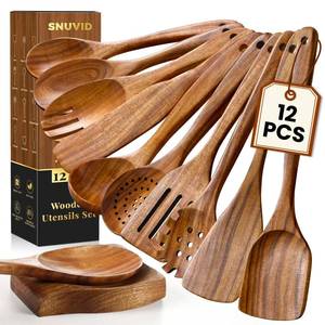 lot 219 image: Wooden Spoons for Cooking, 12 Pcs Teak Wood Kitchen Utensils Set with Spoon Rest - Nonstick Heat Resistant Wooden Cooking Utensils, Natural Healthy Spatula Set for Pots and Pans - Retail $33