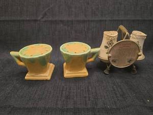 lot 50154 image: Dogwood Pattern and coffee mug Salt and Pepper Shakers with Wire Caddy