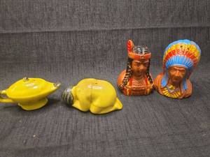 lot 50159 image: Native American Chief Salt and Pepper Shakers with Yellow teapot and woman shakers