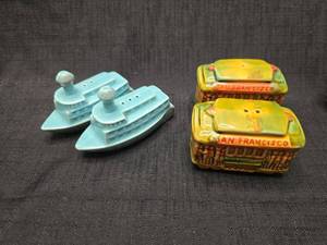 lot 50166 image: Ceramic Salt and Pepper Shaker Sets - Steamboat and San Francisco Cable Car