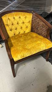 Yellow Upholstered Barrel Chair with Woven Cane Sides