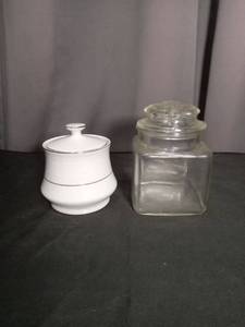lot 6806 image: 2-Piece Lot White Ceramic Covered Container and Glass Jar with Lid