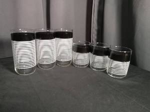 lot 6809 image: 6 Glass Tumblers with Black and White Striped Band Design