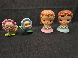 lot 40211 image: Ceramic Salt and Pepper Shaker Set with Lady Head and Flower Designs
