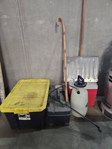 lot 1057 image: Sterilite Storage Bin with Tools Lot Includes Shovel Sprayer Toolbox