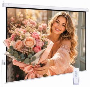 lot 1059 image: 120 Motorized Projector Screen, Electric 169 Projector Screen with Remote Control, IndoorOutdoor HD Movie Screen, WallCeiling Mounted, Perfect for Home Office Theater TV, White - Retail $180