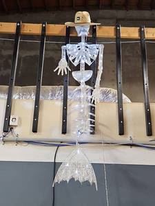 lot 1086 image: Halloween Skeleton Decoration with LED Lights and Cowboy Hat Mermaid Cant Hang Around Here Amy Longer Dusty As Shown