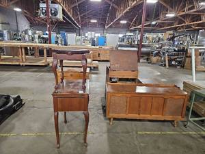 lot 1107 image: Console Stereo Cabinet with Turntable and Speaker plus Side Cabinet and Music Stand Lot of 6 Total Pieces