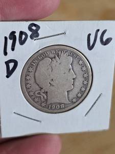 lot 11 image: 1908-D Barber silver half dollar
