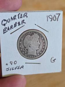 lot 42 image: 1907 Barber silver quarter