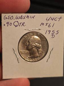 lot 78 image: 1955-D uncirculated MS61 Washington silver quarter