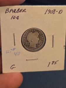 lot 98 image: 1908-D Barber silver dime