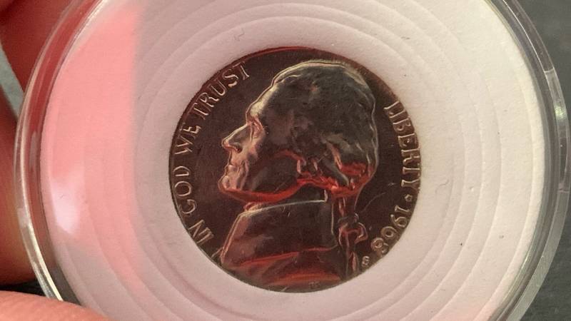 lot 12 image: 1968-S Jefferson Nickel Coin Monticello on reverse in Protective Holder BU Brilliant Uncirculated