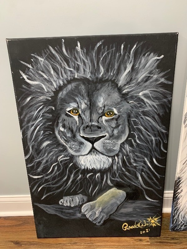 lot 15 image: Original Lion Painting by Local Artist  Acrylic Canvas Artwork approx 24x36 inches
